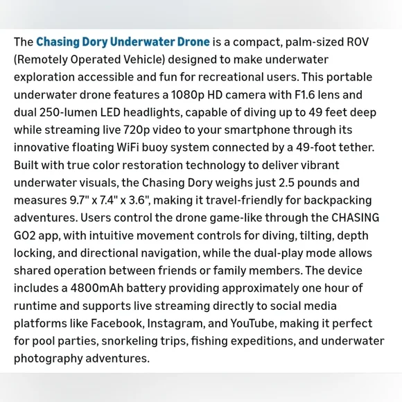 NIB Chasing Dory 1080p Full HD Underwater ROV Drone Camera Real Time Viewing - Picture 15 of 16